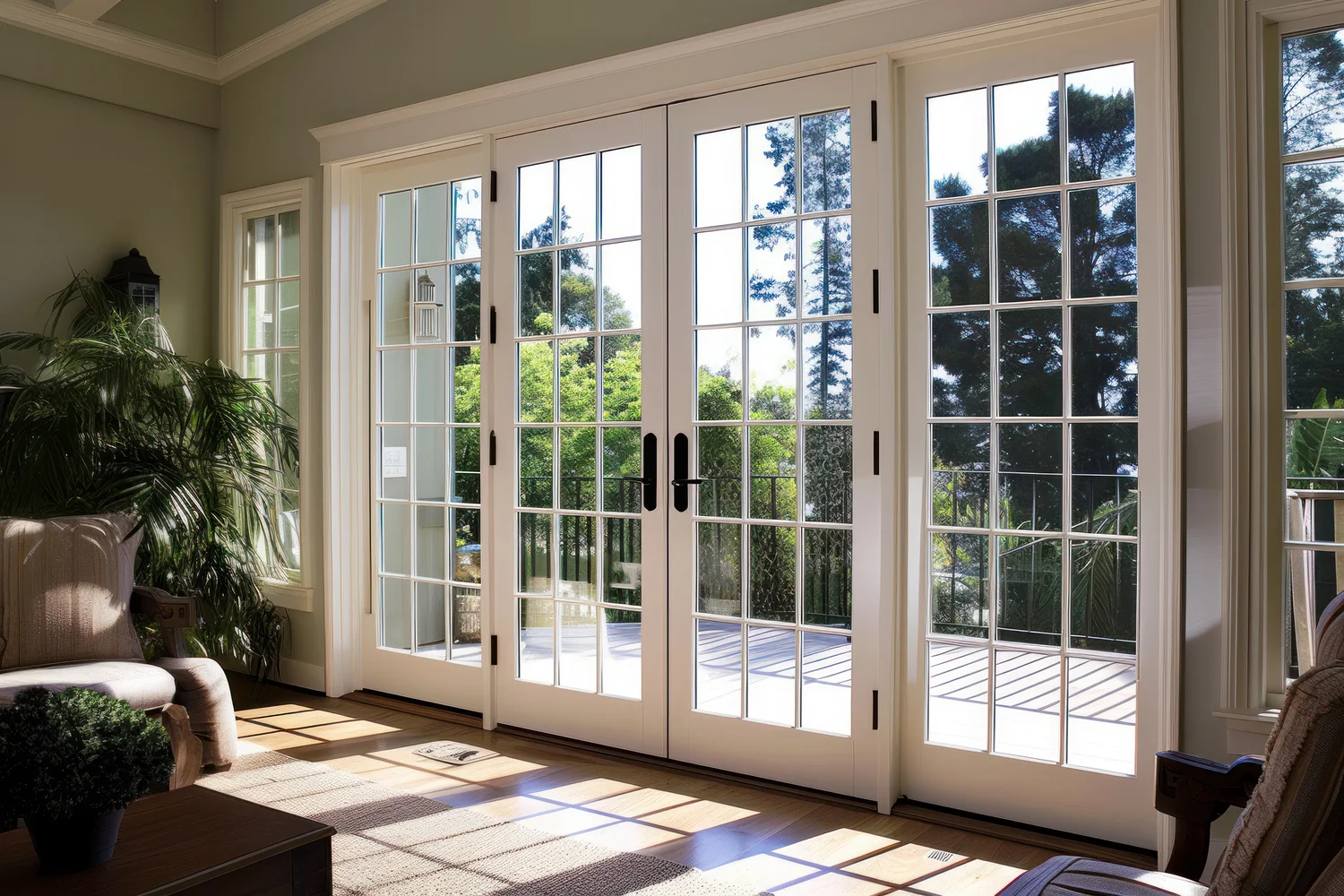 An expansive living room adorned with French doors opening to a patio, complemented by modern siding and door replacements