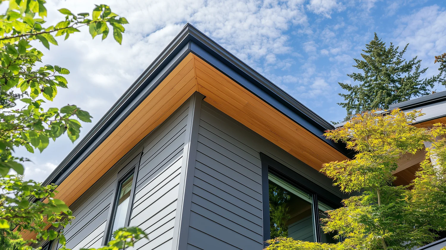A gray house featuring wooden siding under a clear blue sky, showcasing quality siding installation and window craftsmanship.